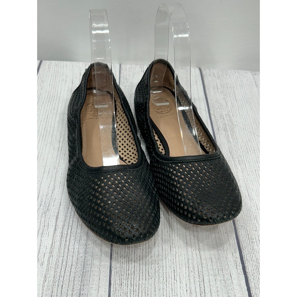 Tory Burch Whittaker Flats Womens 7M Black Perforated Leather Slip On Ballet